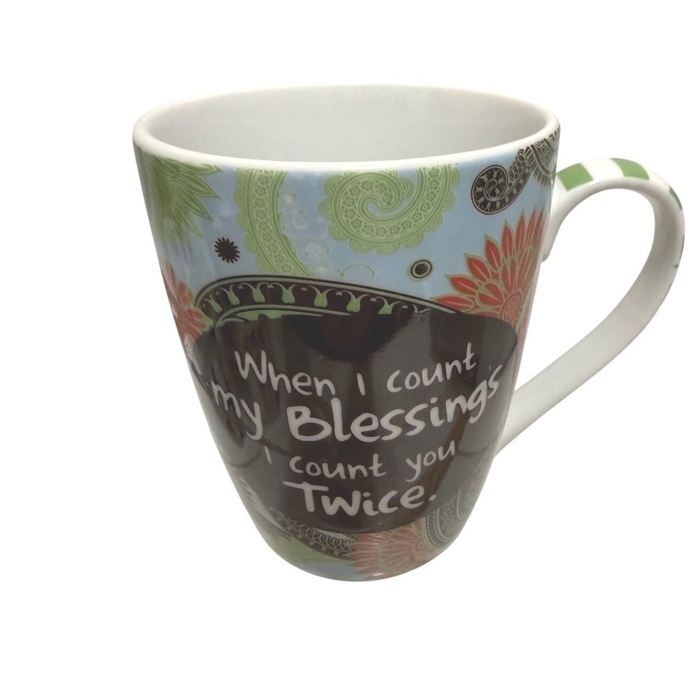 Mud Pie Blessings Mug‎ Paisley Floral Coffee Cup "I Count You Twice" Boho Mug